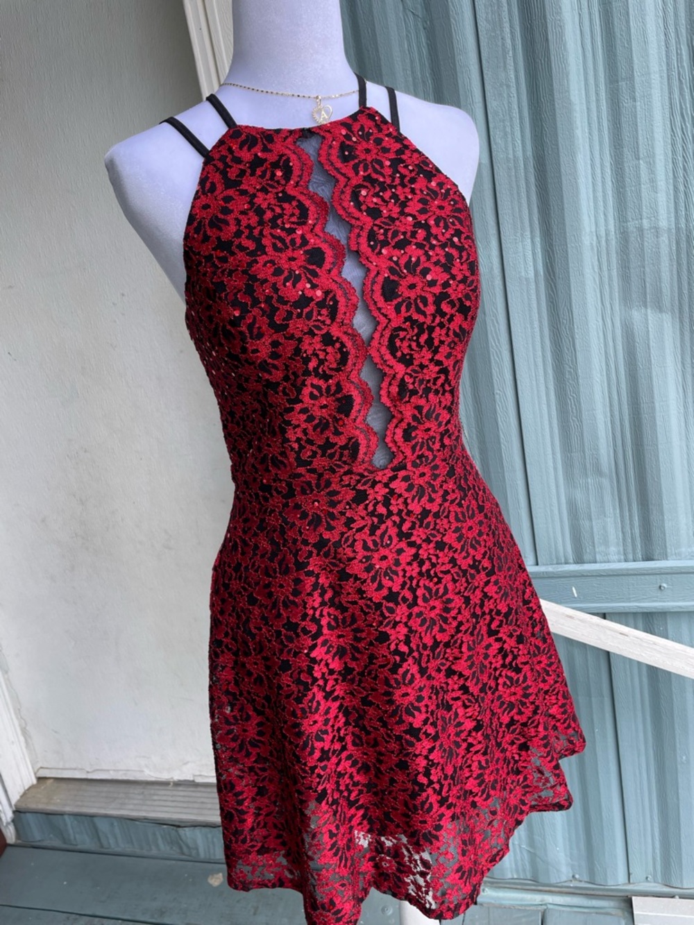 Red Lace Halter Skater Dress